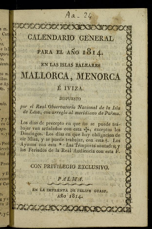 Calendario para Mallorca, Menorca  Iviza[sic] del ao de 1814
