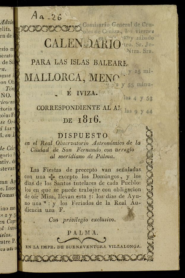 Calendario para Mallorca, Menorca  Iviza[sic] del ao de 1816