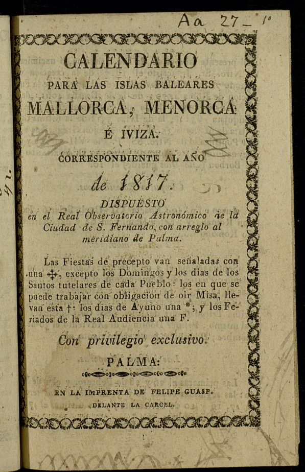 Calendario para Mallorca, Menorca  Iviza[sic] del ao de 1817