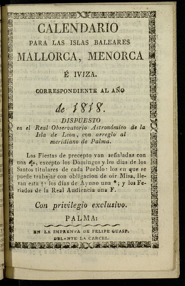 Calendario para Mallorca, Menorca  Iviza[sic] del ao de 1818