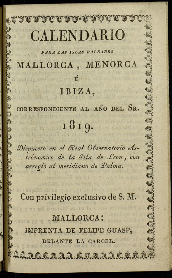 Calendario para Mallorca, Menorca  Iviza[sic] del ao de 1819