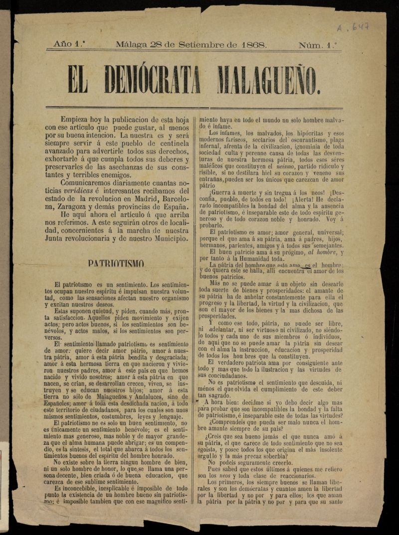 El Demcrata Malagueo del 28 de septiembre de 1868, n 1