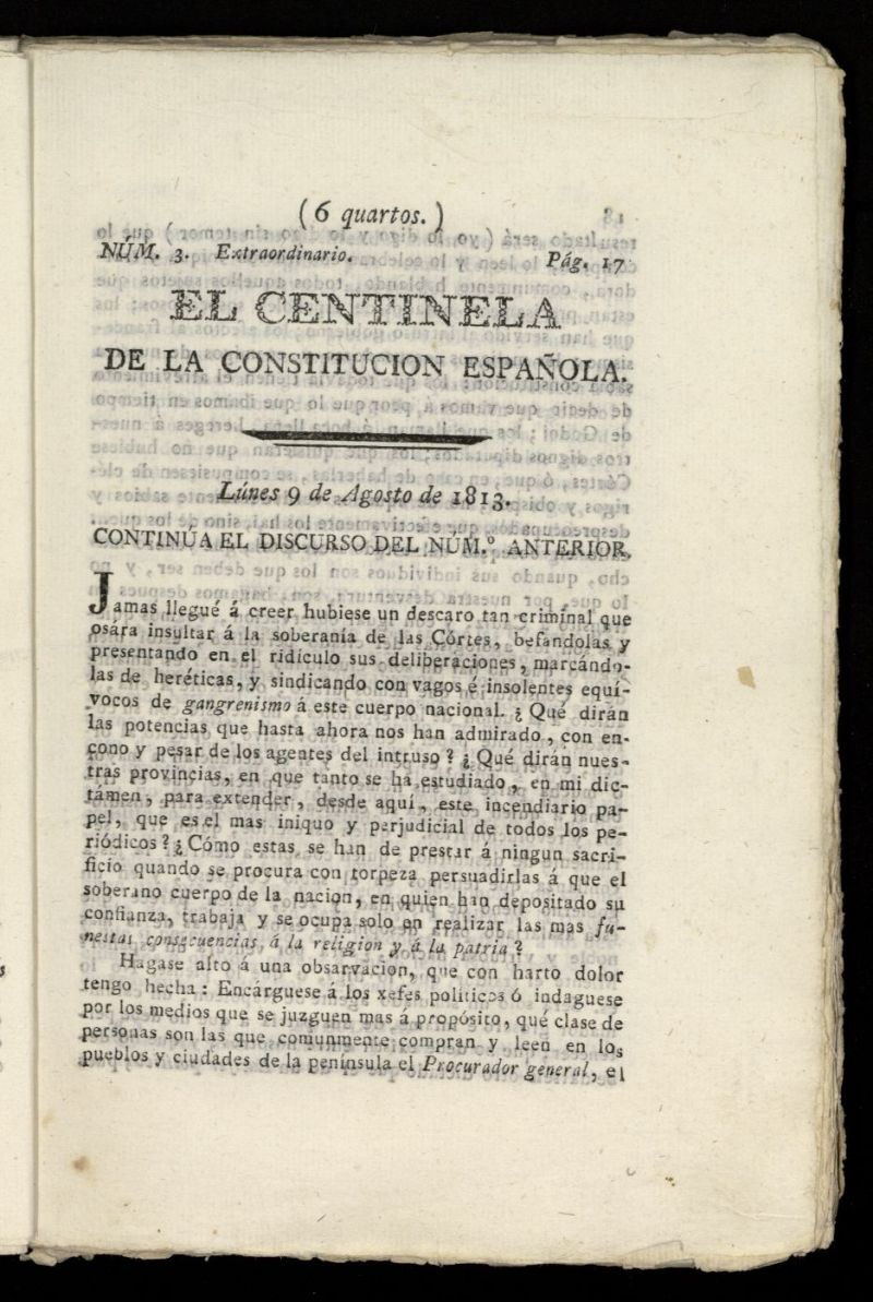 Centinela de la Constitucin Espaola del 9 de agosto de 1813, n 3 extraordinario