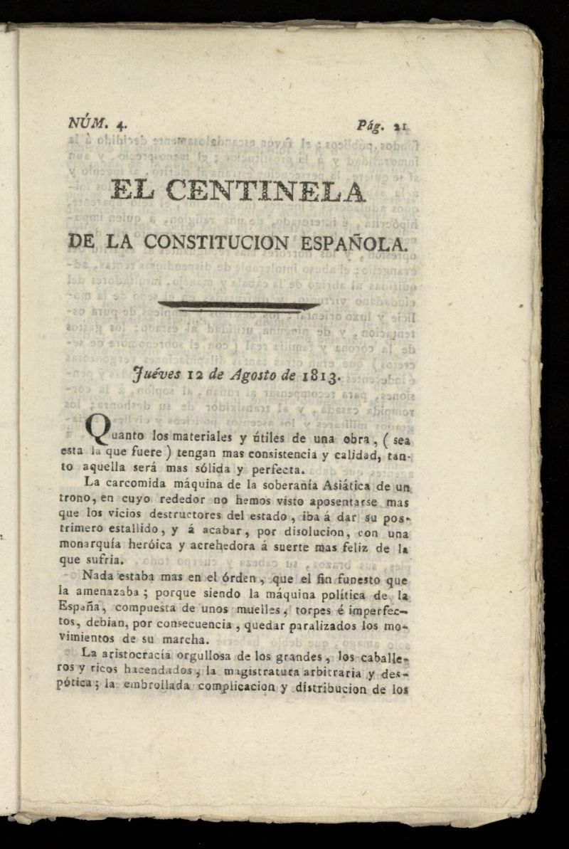 Centinela de la Constitucin Espaola del 12 de agosto de 1813, n 4