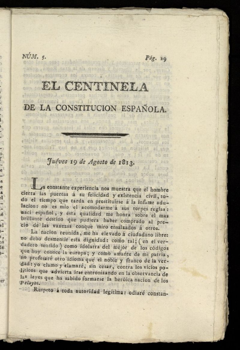 Centinela de la Constitucin Espaola del 19 de agosto de 1813, n 5