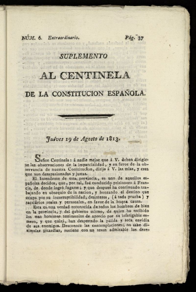 Centinela de la Constitucin Espaola del 19 de agosto de 1813, n 6 extraordinario