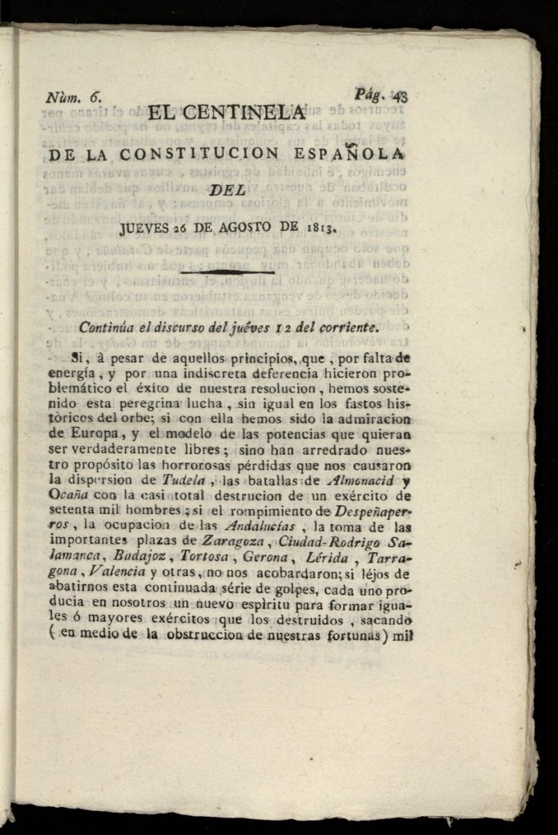 Centinela de la Constitucin Espaola del 26 de agosto de 1813, n 6