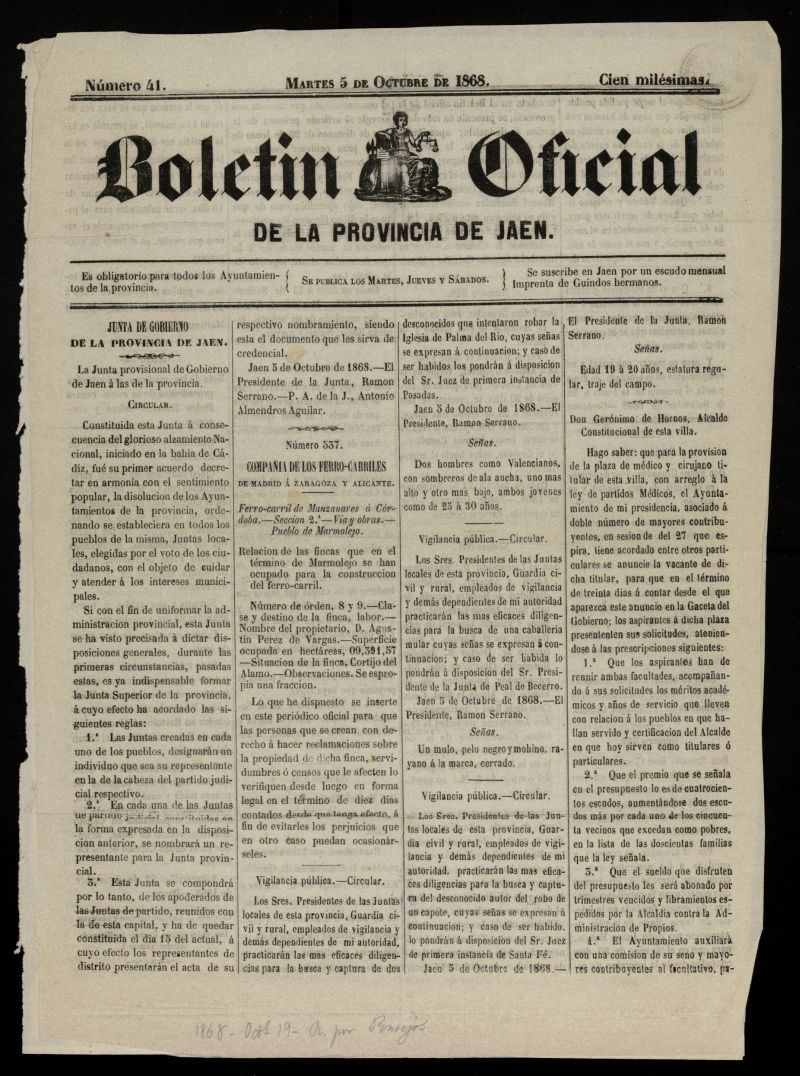 Boletn Oficial de la Provincia de Jan del 5 de octubre de 1868, n 41