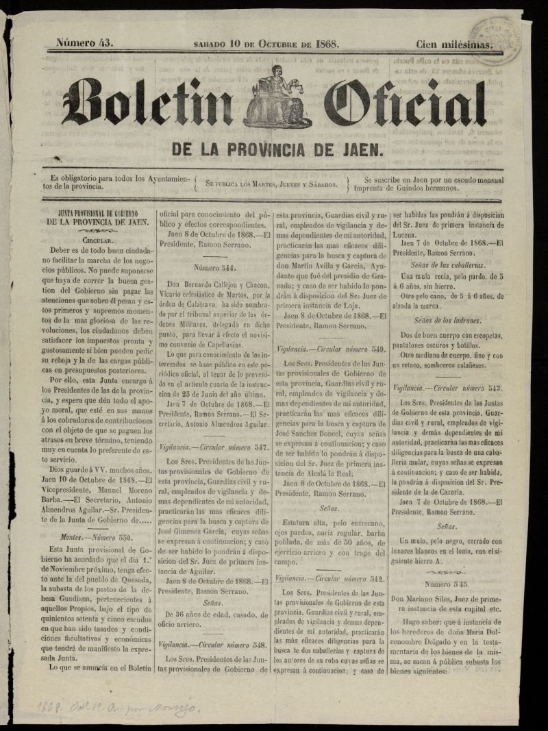 Boletn Oficial de la Provincia de Jan del 10 de octubre de 1868, n 43