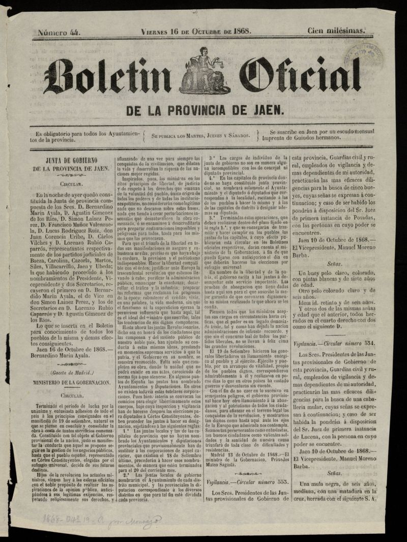 Boletn Oficial de la Provincia de Jan del 16 de octubre de 1868, n 44