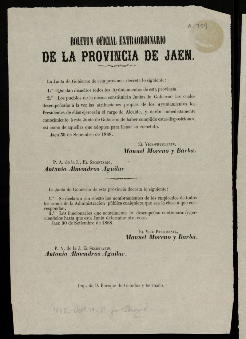 Boletn Oficial de la Provincia de Jan del 30 de septiembre de 1868, n extraordinario