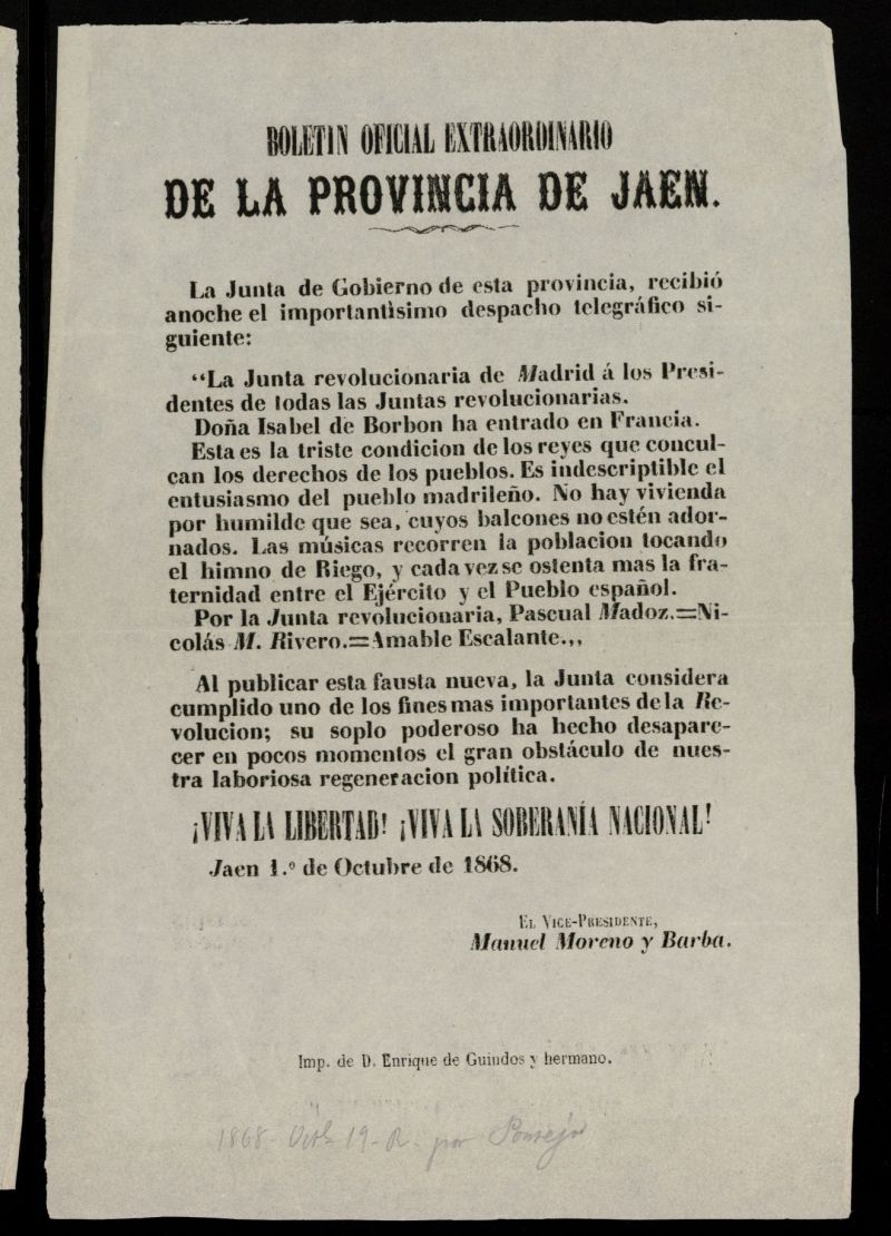Boletn Oficial de la Provincia de Jan del 1 de octubre de 1868