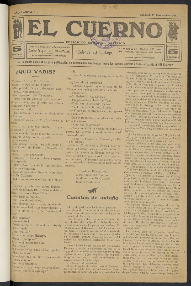 El Cuerno: peridico semanal satrico del 11 de noviembre de 1911