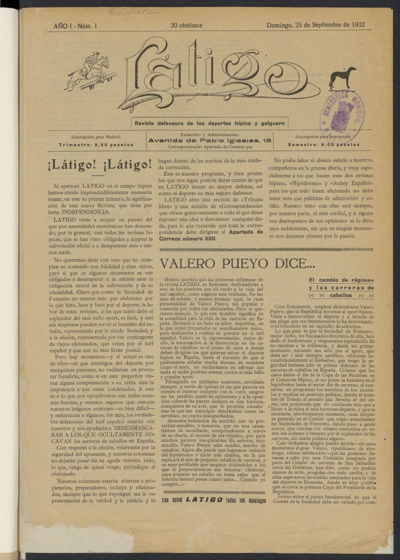 Ltigo: revista defensora de los deportes hpico y galguero del 25 de septiembre de 1932