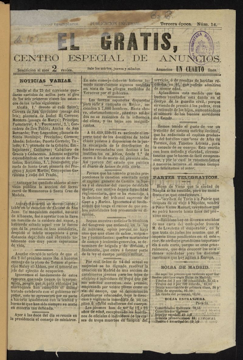 El Gratis, diario pintoresco de avisos para Madrid y las provincias de 1862, n 14