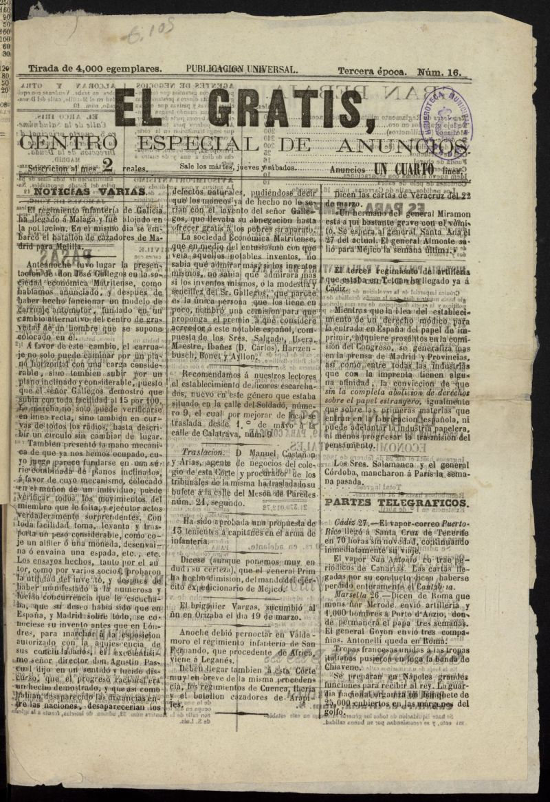 El Gratis, diario pintoresco de avisos para Madrid y las provincias de 1862, n 16