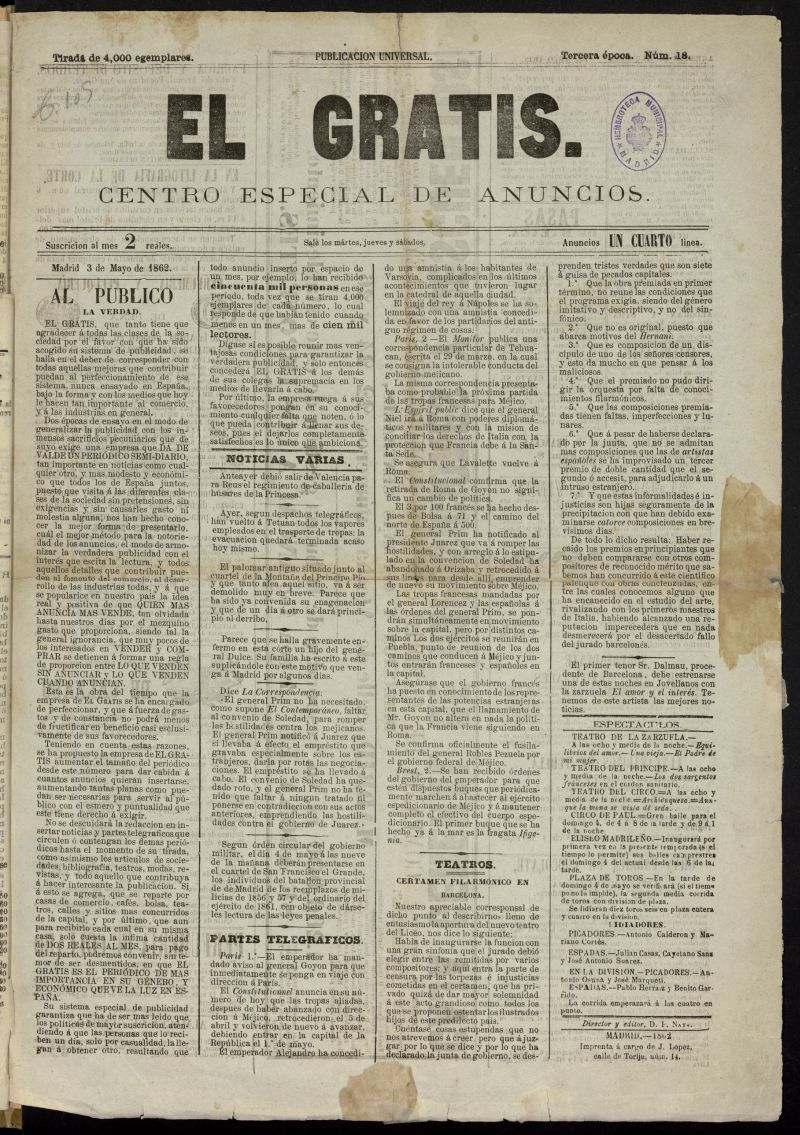 El Gratis, diario pintoresco de avisos para Madrid y las provincias del 3 de mayo de 1862