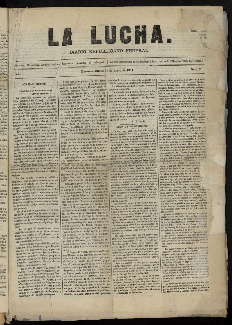 La Lucha: diario republicano federal del 10 de enero de 1871