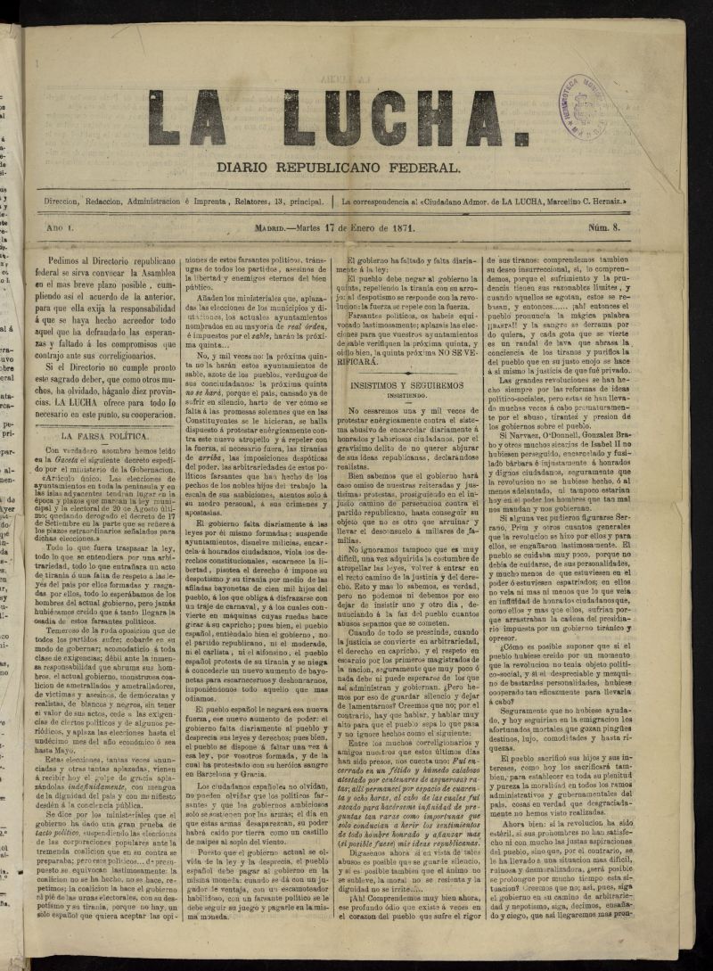 La Lucha: diario republicano federal del 17 de enero de 1871