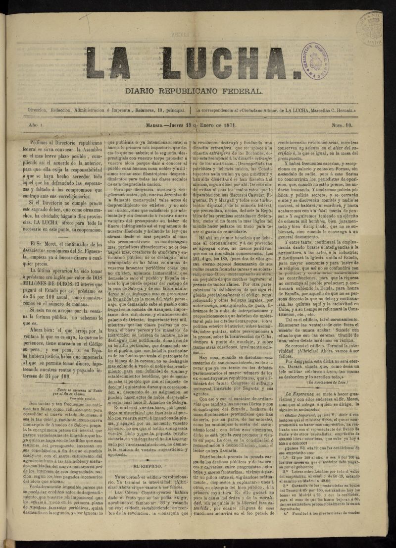 La Lucha: diario republicano federal del 19 de enero de 1871