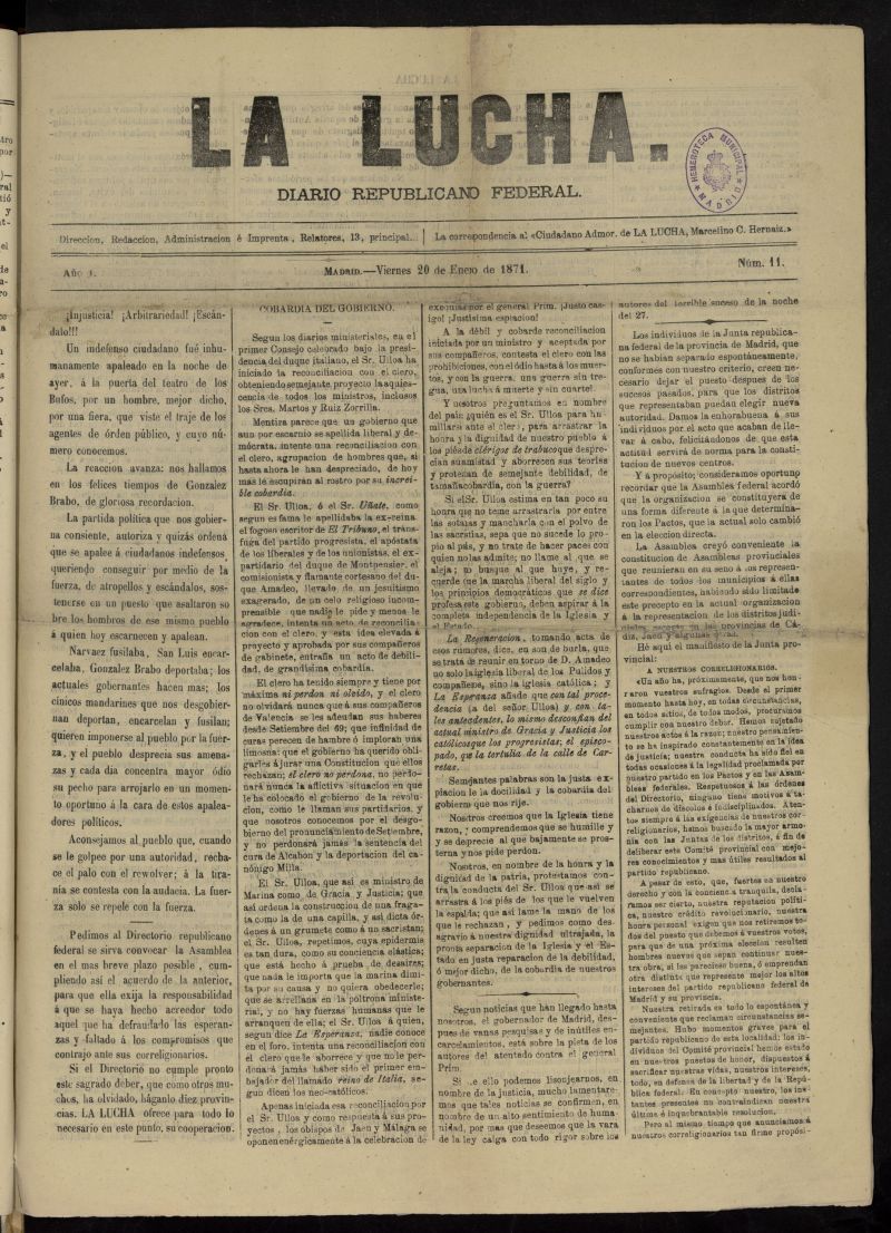 La Lucha: diario republicano federal del 20 de enero de 1871