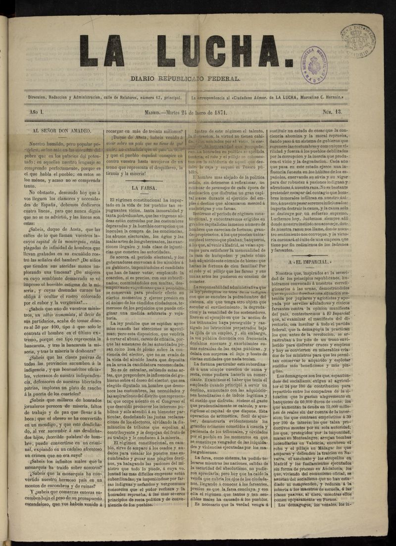La Lucha: diario republicano federal del 24 de enero de 1871