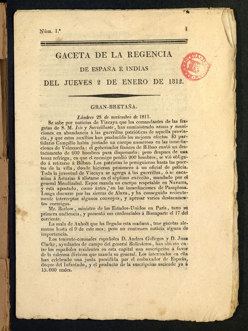 Gazeta de la Regencia de Espaa e Indias del 2 de enero de 1812