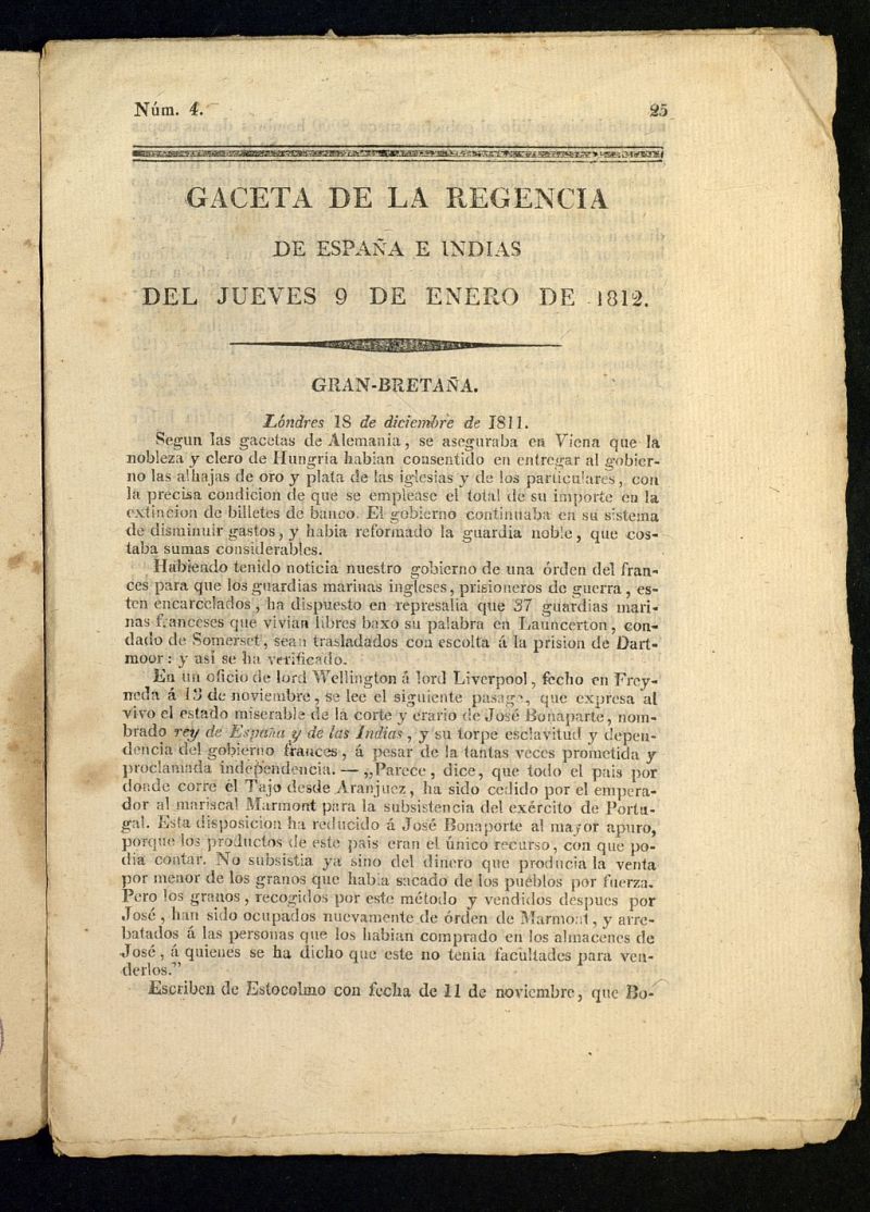 Gazeta de la Regencia de Espaa e Indias del 9 de enero de 1812