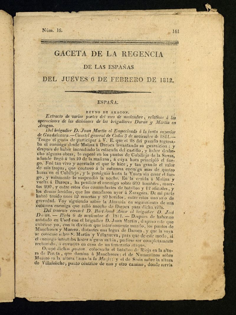 Gazeta de la Regencia de Espaa e Indias del 6 de febrero de 1812