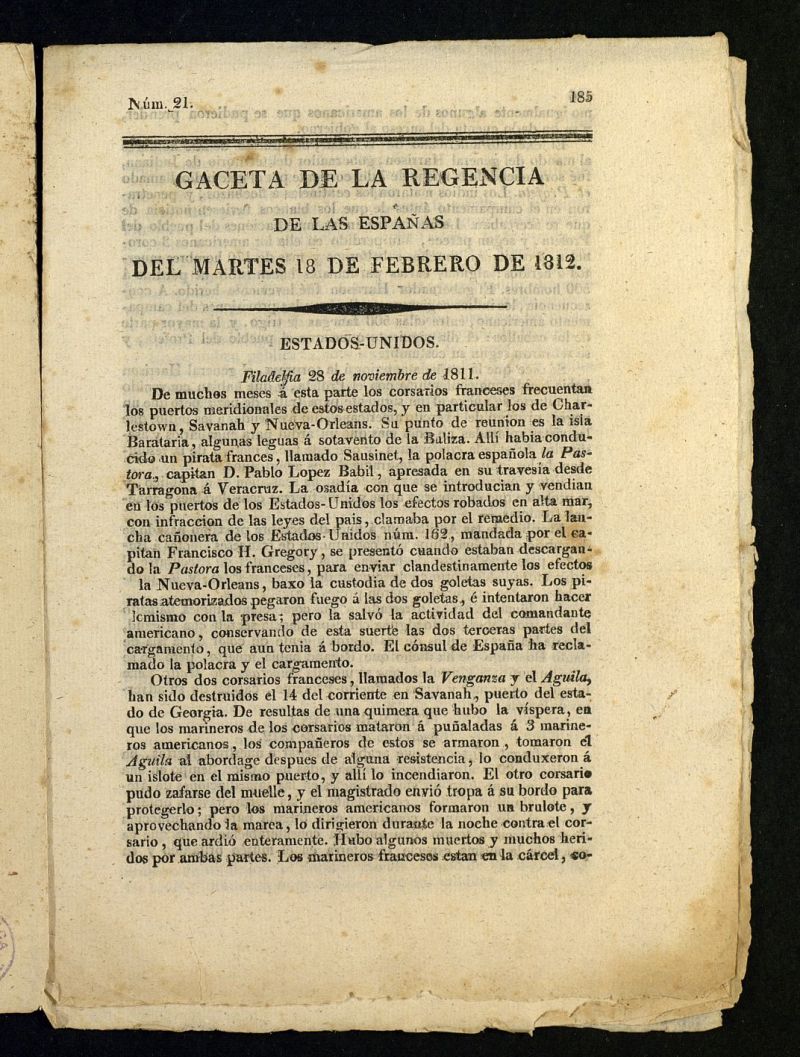 Gazeta de la Regencia de Espaa e Indias del 18 de febrero de 1812