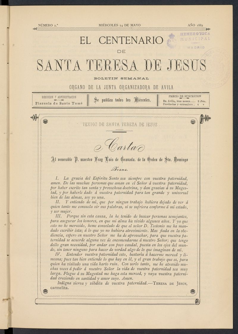 El Centenario de Santa Teresa de Jess: rgano de la junta organizadora de Avila del 24 de mayo de 1882