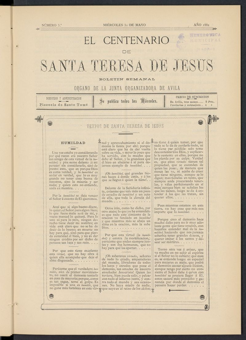El Centenario de Santa Teresa de Jess: rgano de la junta organizadora de Avila del 31 de mayo de 1882