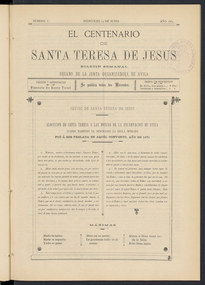 El Centenario de Santa Teresa de Jess: rgano de la junta organizadora de Avila del 14 de junio de 1882