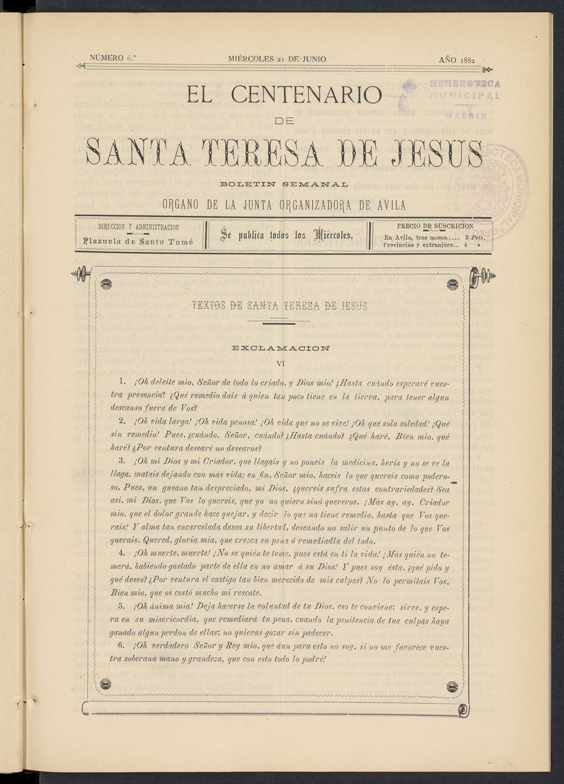 El Centenario de Santa Teresa de Jess: rgano de la junta organizadora de Avila del 21 de junio de 1882