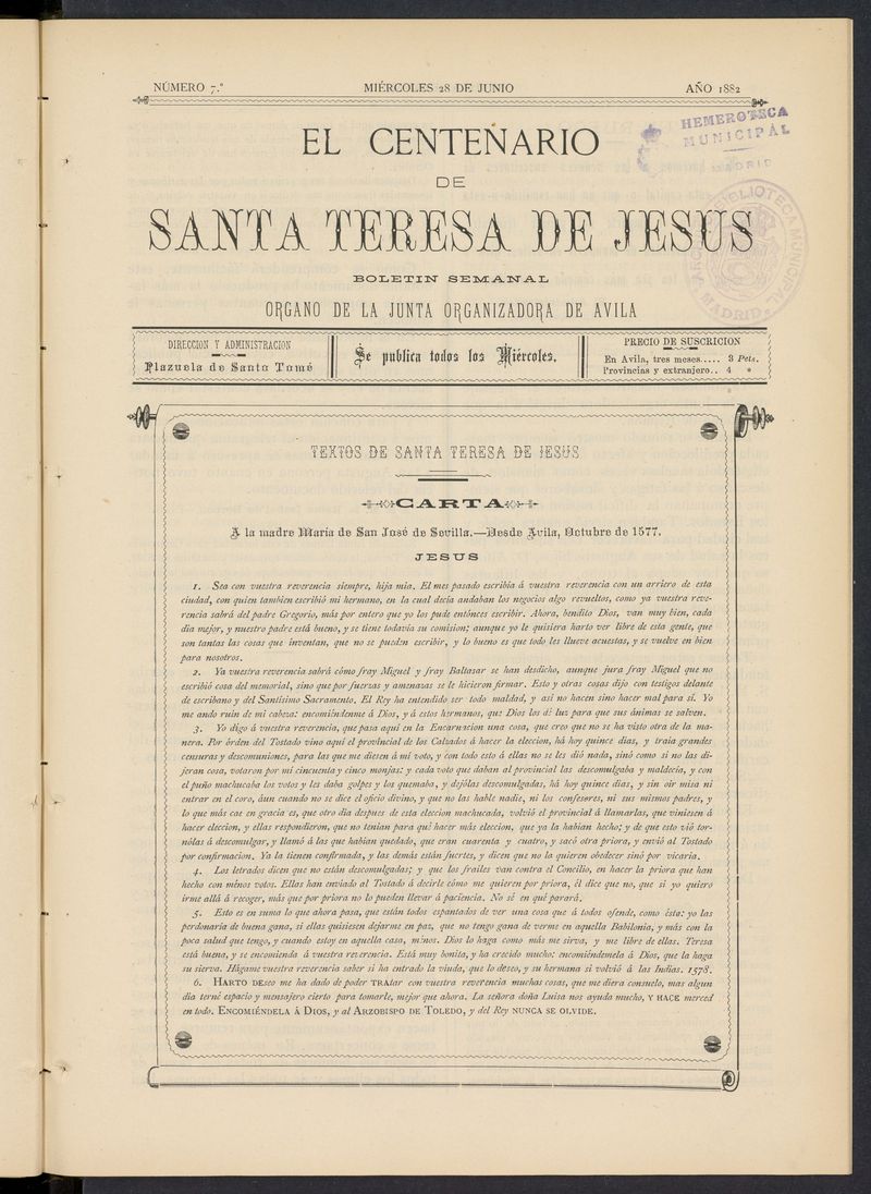 El Centenario de Santa Teresa de Jess: rgano de la junta organizadora de Avila del 28 de junio de 1882