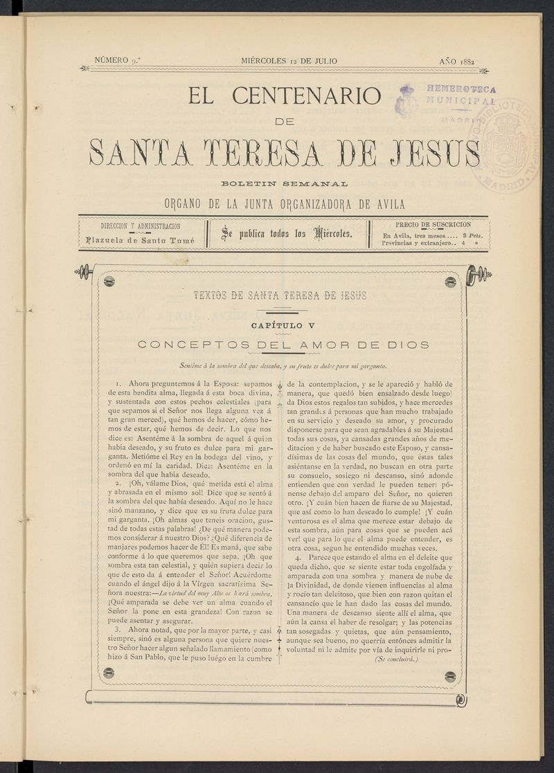 El Centenario de Santa Teresa de Jess: rgano de la junta organizadora de Avila del 12 de julio de 1882