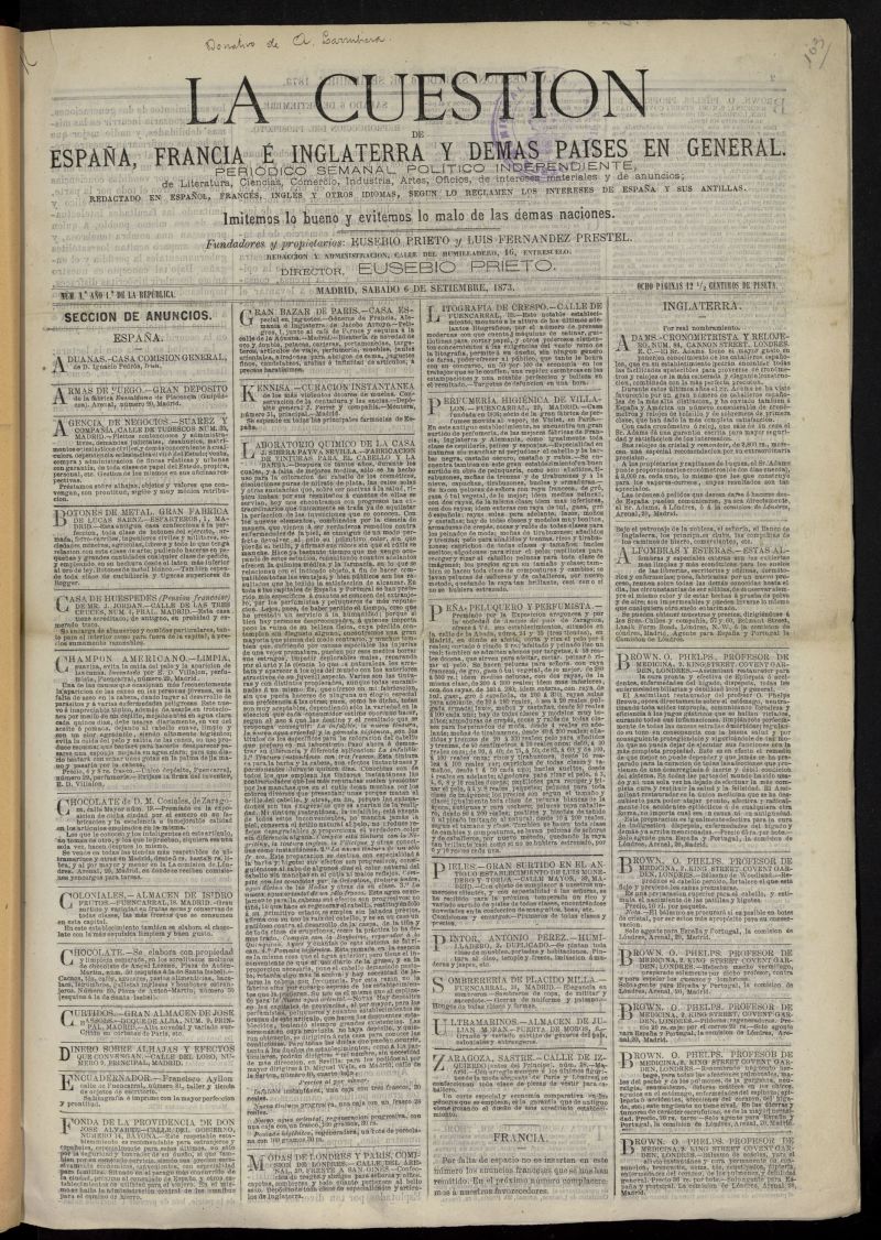 La Cuestin de Espaa, Francia, Inglaterra y dems paises en general del 6 de septiembre de 1873