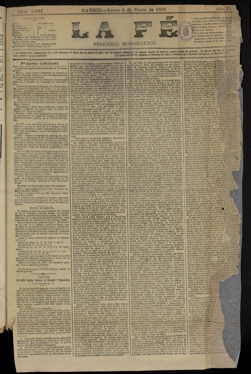 La Fe: peridico monrquico del 4 de enero de 1886