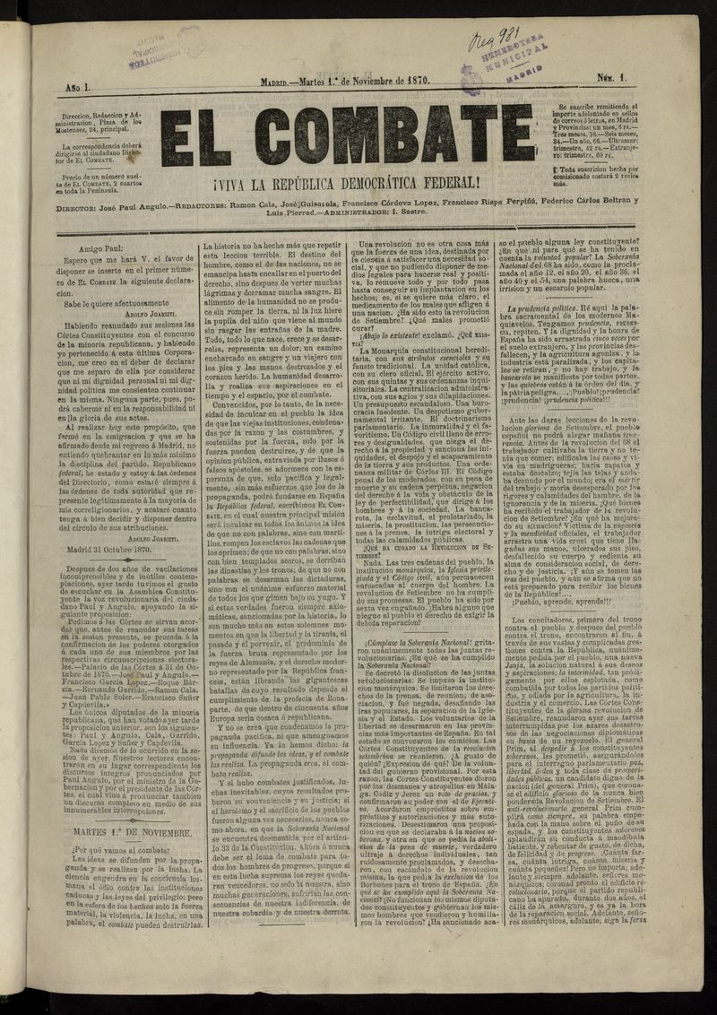 El Combate: Viva la Repblica Democrtica Federal! del 1 de noviembre de 1870, n 1