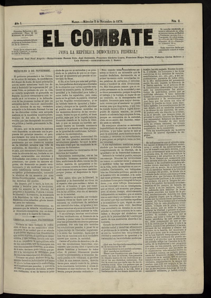 El Combate: Viva la Repblica Democrtica Federal! del 2 de noviembre de 1870, n 2
