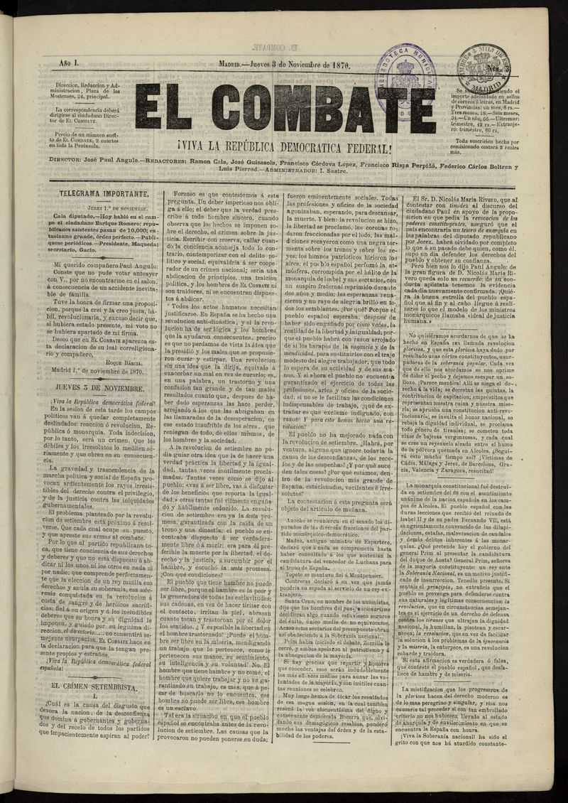 El Combate: Viva la Repblica Democrtica Federal! del 3 de noviembre de 1870, n 3