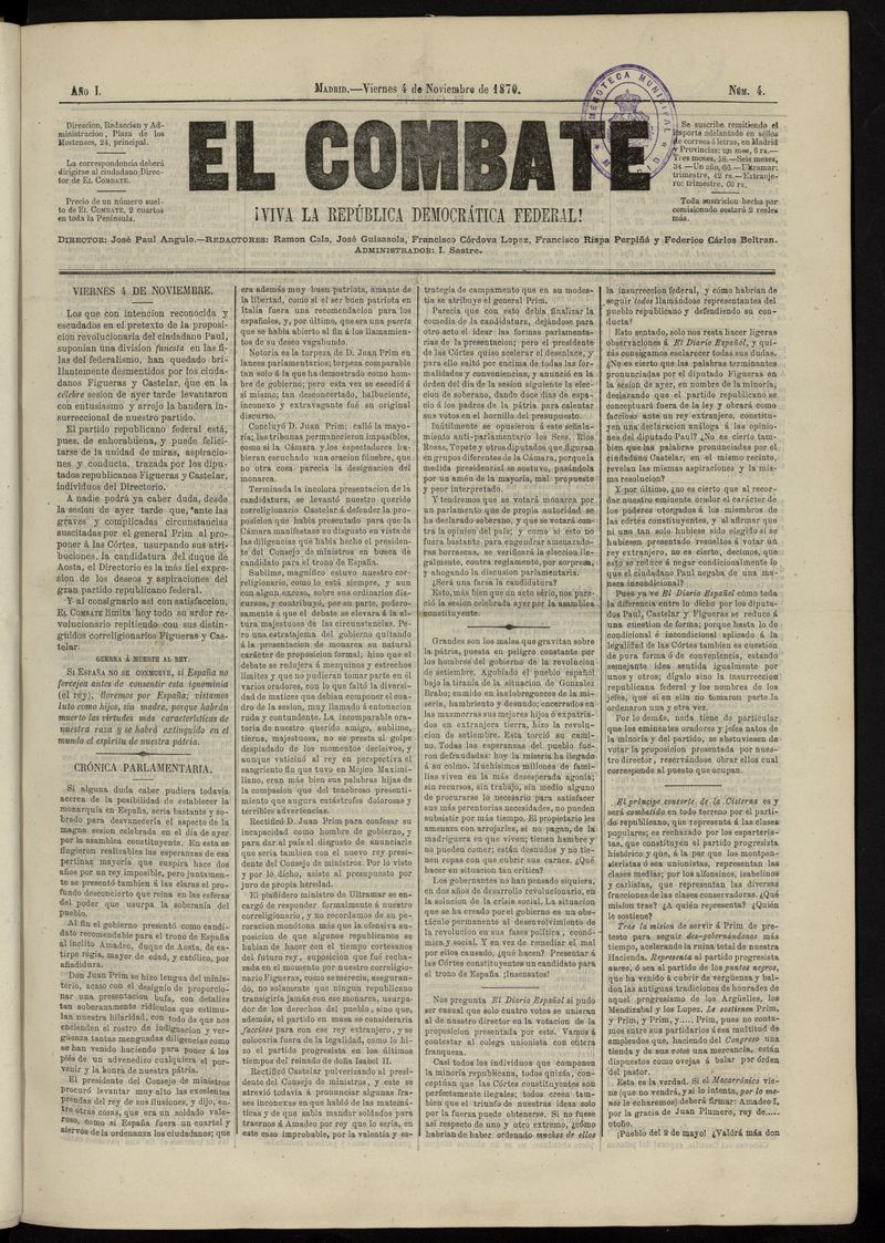 El Combate: Viva la Repblica Democrtica Federal! del 4 de noviembre de 1870, n 4