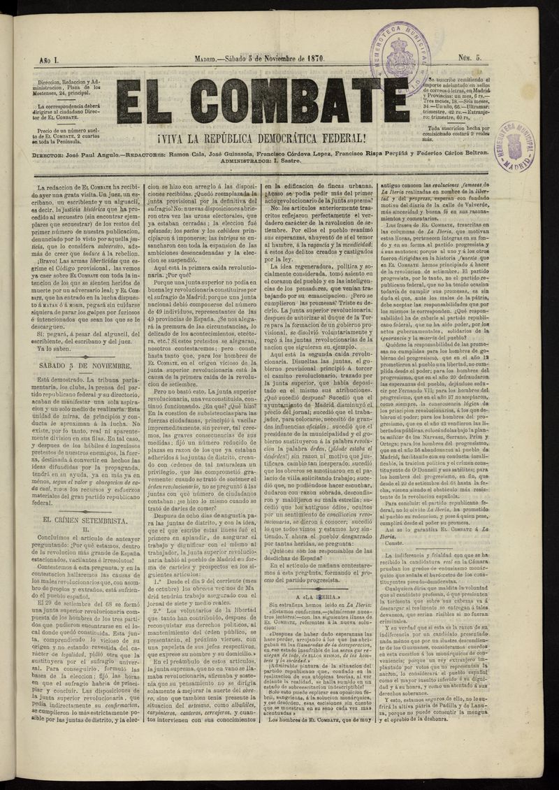 El Combate: Viva la Repblica Democrtica Federal! del 5 de noviembre de 1870, n 5