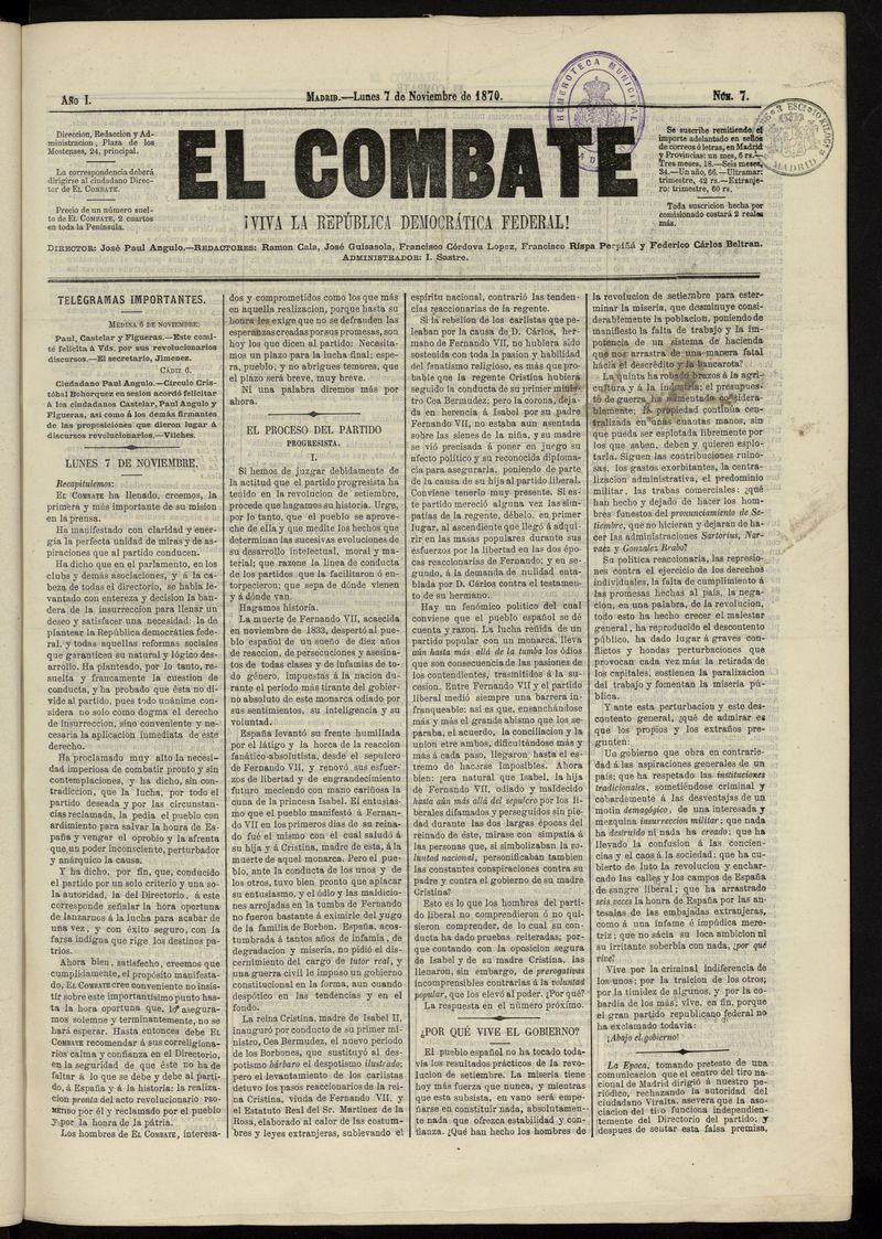 El Combate: Viva la Repblica Democrtica Federal! del 7 de noviembre de 1870, n 7