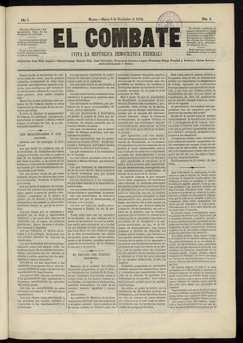 El Combate: Viva la Repblica Democrtica Federal! del 8 de noviembre de 1870, n 8