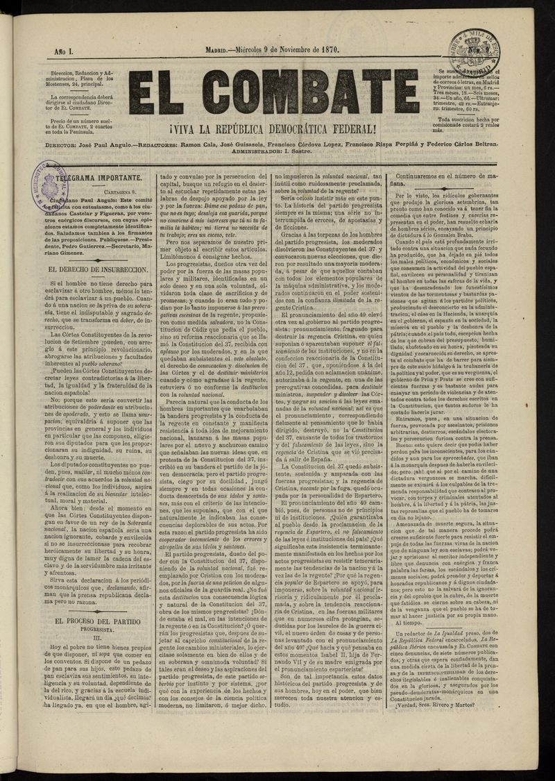 El Combate: Viva la Repblica Democrtica Federal! del 9 de noviembre de 1870, n 9