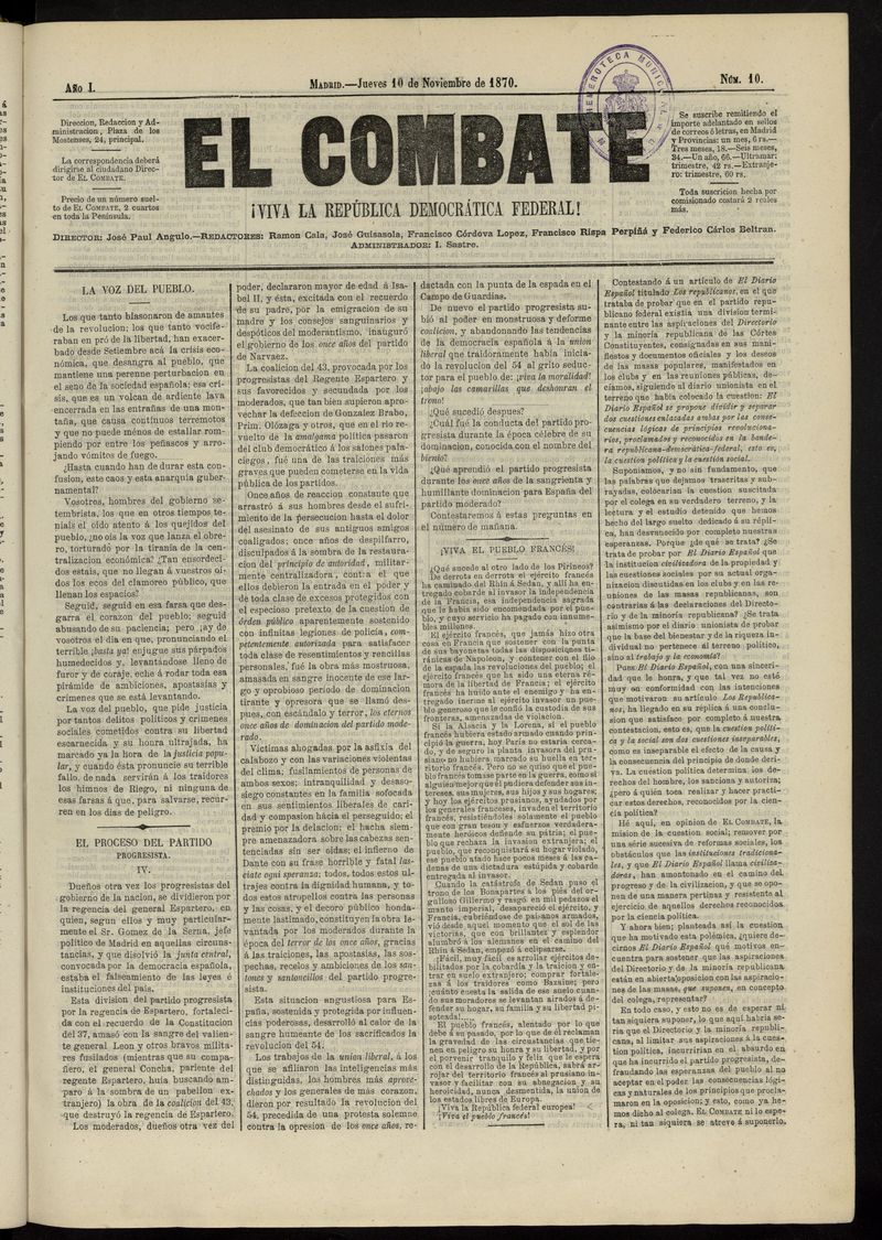 El Combate: Viva la Repblica Democrtica Federal! del 10 de noviembre de 1870, n 10