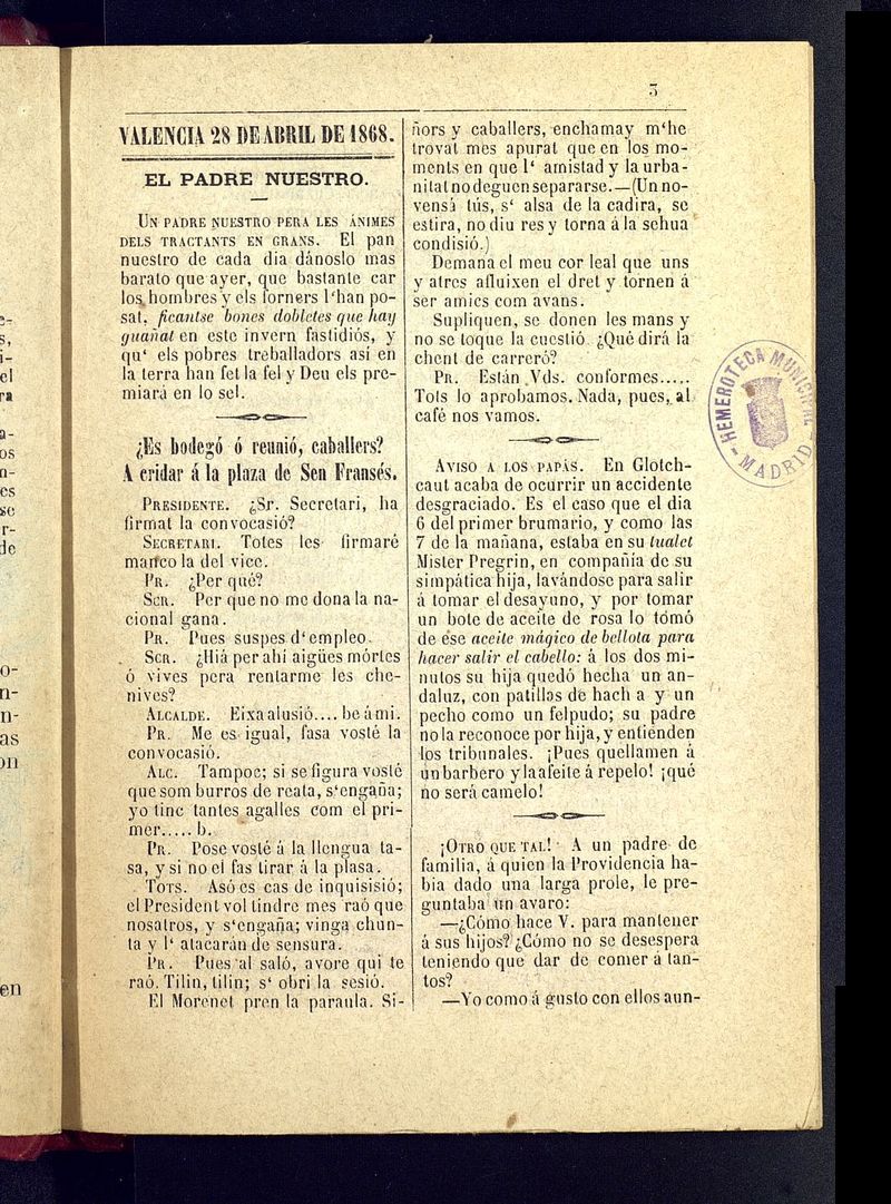El Papagall: semanario bilinge, satric y plors del 28 de abril de 1868