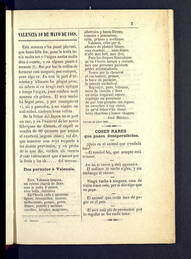El Papagall: semanario bilinge, satric y plors del 10 de mayo de 1868