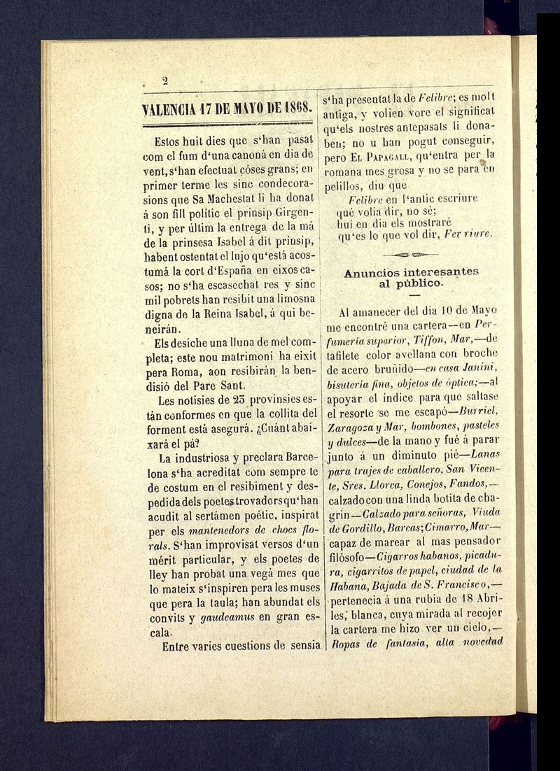 El Papagall: semanario bilinge, satric y plors del 17 de mayo de 1868